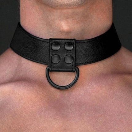 Collar with Leash Black Matt - bold faux leather bondage accessory with metal hardware, adjustable collar for adult play.
