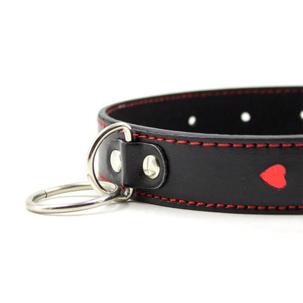black red bdsm collar with metal leash, adjustable black leather collar with red stitching and heart detail for bondage play