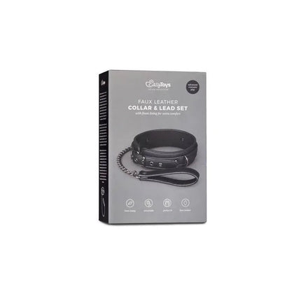 Collar with Leash Black in box, faux leather with foam interior, adjustable size 45-58 cm, designed for versatile use and comfort.