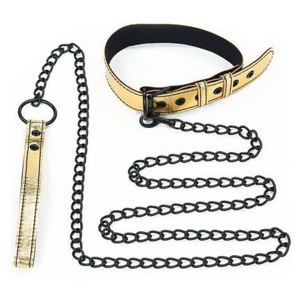 Collar with Leash Bondage Gold, faux leather, gold finish, unisex accessory for bold aesthetics and controlled play in intimate moments.