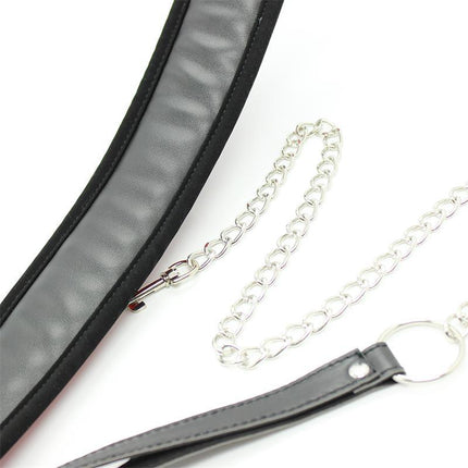 Collar with Metal Leash and Pedded Interior Black featuring detachable chain and padded design for BDSM enthusiasts.
