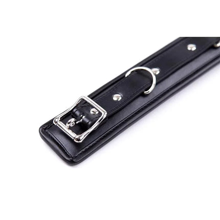 Collar with Metal Leash and Pedded Interior Black featuring adjustable buckle and metal ring, ideal for BDSM play.