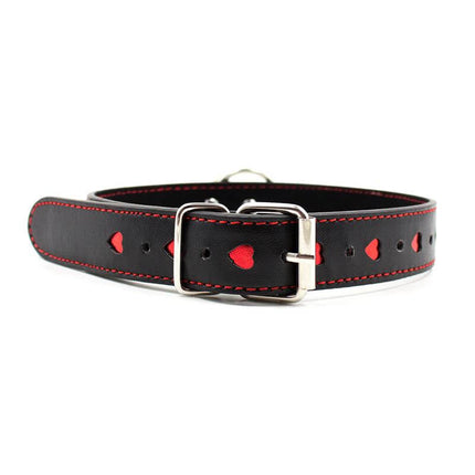black red bdsm collar with metal leash, adjustable black leather collar with red heart cutouts and silver buckle for bondage play
