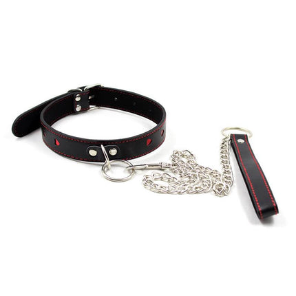 black red bdsm collar with metal leash adjustable black leather collar with red accents and detachable silver chain