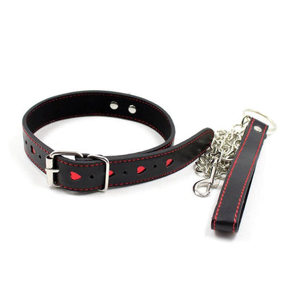 black red bdsm collar with metal leash, adjustable leather collar with chain lead for domination and bondage play