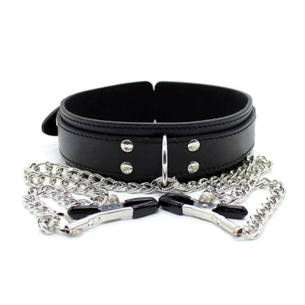 Collar with Nipple Clamps and metal Chain Black BDSM accessory on white background