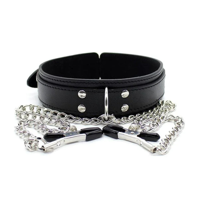 Collar with Nipple Clamps and metal Chain Black BDSM accessory on white background