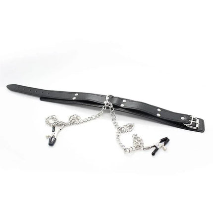 Collar with Nipple Clamps and metal Chain Black featuring adjustable design and secure grip clamps.