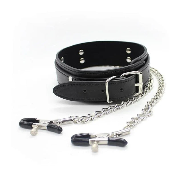 Collar with Nipple Clamps and metal Chain Black with adjustable fit and sleek design for BDSM enthusiasts.