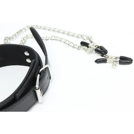 Collar with Nipple Clamps and metal Chain Black BDSM accessory with adjustable fit and secure grip.
