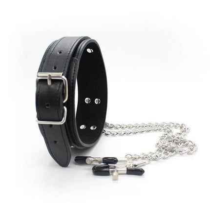 Collar with Nipple Clamps and metal Chain Black, BDSM accessory with adjustable collar, sleek design, and secure metal chain.