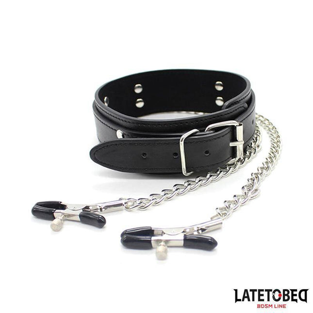 Collar with Nipple Clamps by Latetobed featuring durable PU and metal material for bondage play.