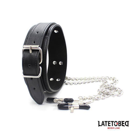 Collar with Nipple Clamps from Latetobed featuring adjustable PU collar and metal chains for enhanced bondage play.