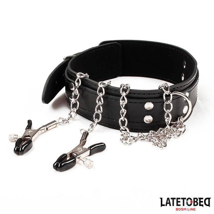 Collar with Nipple Clamps by Latetobed, featuring PU and metal materials, adjustable fit, and 33 cm chain for sensation play.