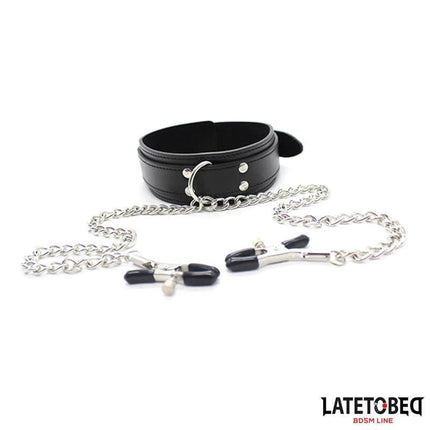 Collar with Nipple Clamps featuring durable PU and metal design for bondage play; includes adjustable collar and chain by Latetobed.