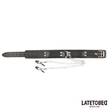 Latetobed Collar with Nipple Clamps featuring adjustable PU collar and metal chains for bondage play.