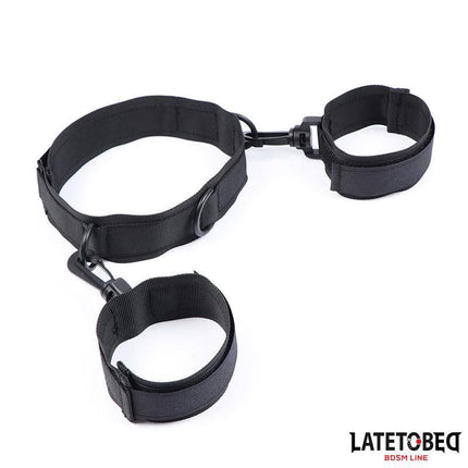 Black nylon Collar with Wrist Restraints Nylon for intimate play and comfort.
