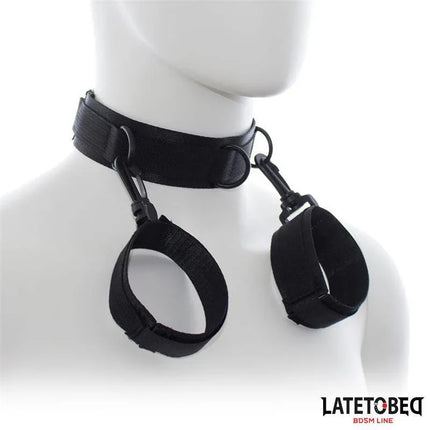 Black nylon Collar with Wrist Restraints Nylon for intimate couples' play, lightweight and durable, one size fits all.