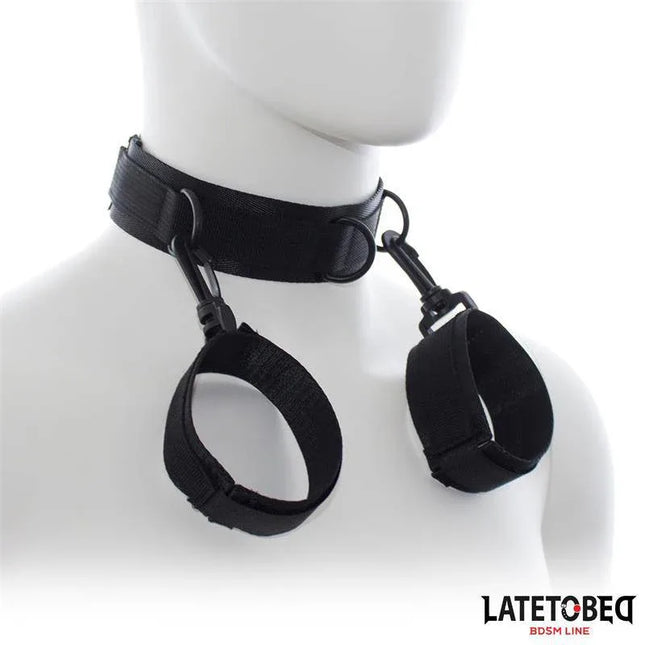 Black nylon Collar with Wrist Restraints Nylon for intimate couples' play, lightweight and durable, one size fits all.