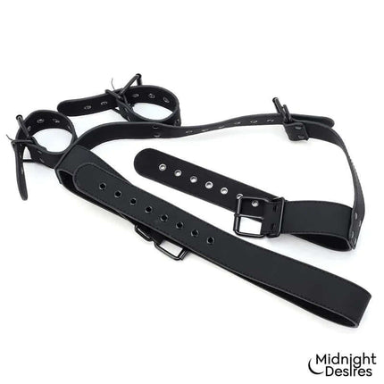 Collar and Wrist Cuffs Body Restraint Set by Midnight Desires made from 100% vegan leather for soft, flexible, and durable use.