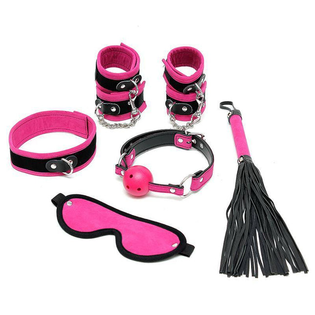Complete Restraint Set 6 Pink bondage kit with vibrant pink cuffs, collar, whip, ball gag, and blindfold for intimate play