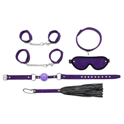 Complete Restraint Set Purple featuring cuffs, eyemask, collar, ball gag, and flogger for enhanced bondage play.
