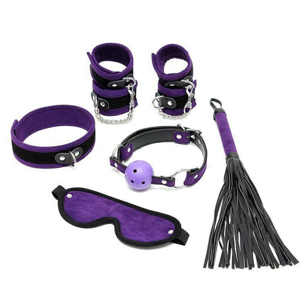 Complete Restraint Set Purple featuring cuffs, eyemask, ball gag, and whip for immersive role-play.
