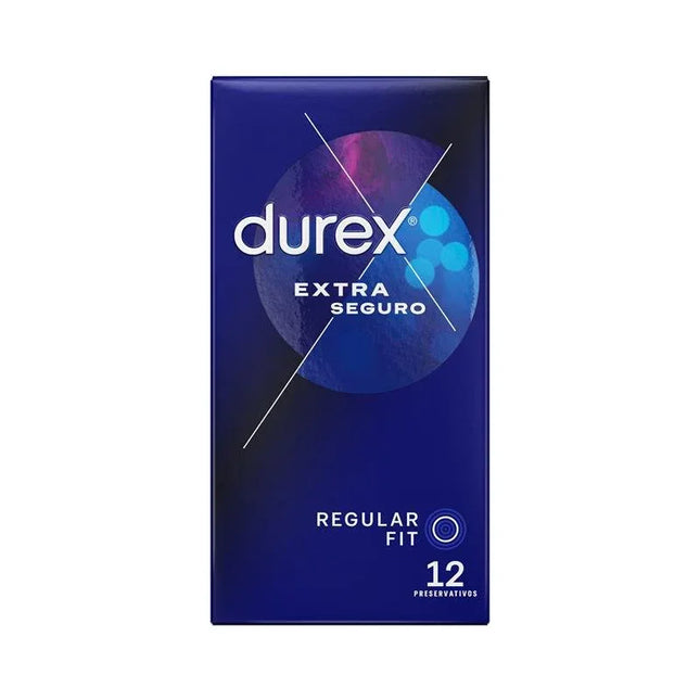 Durex Condoms Extra Safe 12 ud pack for reliability and comfort, featuring a thicker latex, lubricated, with a reservoir tip.