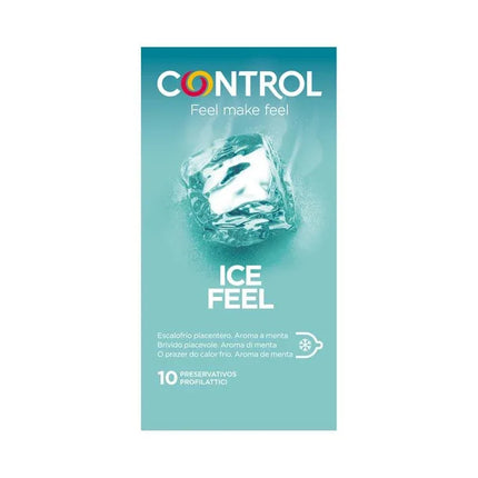 Packaging of Condoms Ice Feel 10 Uds featuring ice cube design with green background for cooling sensation.