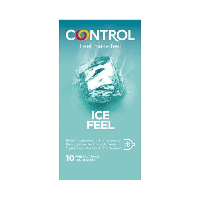 Packaging of Condoms Ice Feel 10 Uds featuring ice cube design with green background for cooling sensation.