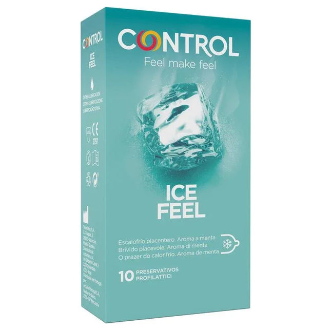 Box of Condoms Ice Feel 10 Uds with menthol-infused lubrication for a cooling sensation, in green packaging.