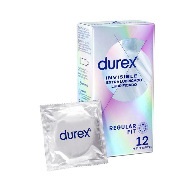 Box and packet of Condoms Invisible Extra Lub 12ud with ultra-thin design for enhanced sensitivity and protection.
