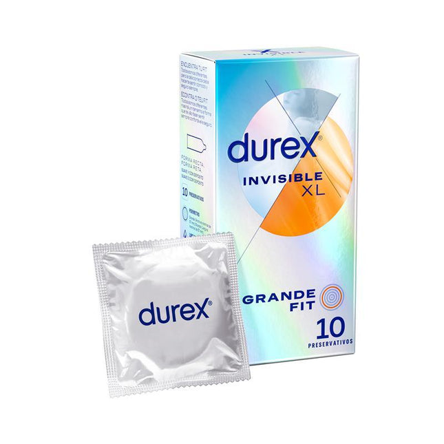 Durex Condoms Invisible XL 10ud pack with an ultra-thin design for heightened sensitivity and XL fit, featuring discreet packaging image.