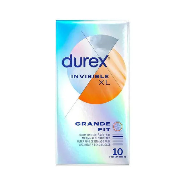 Durex Condoms Invisible XL 10ud, ultra-thin protection, large fit, heightened sensitivity, 57mm width, discreet feel, safe experience