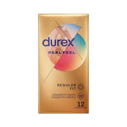 Condoms Real Feel 12ud box showcasing latex-free design for natural sensation.