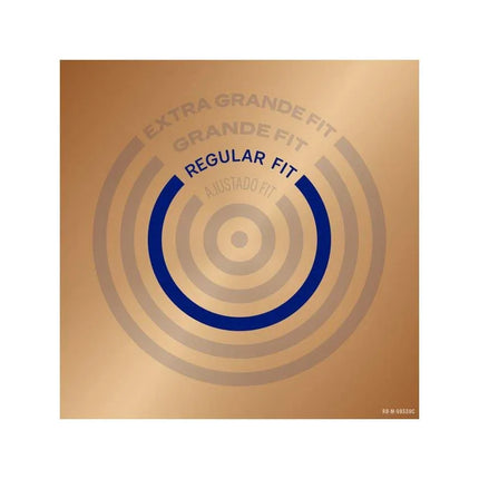 Stylized packaging design featuring size information for Condoms Real Feel 24ud, highlighting regular fit size in a circle pattern.