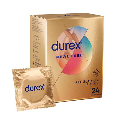 Condoms Real Feel 24ud latex-free polyisoprene pack with 24 units, featuring Easy-On design for comfort and silicone lubrication.