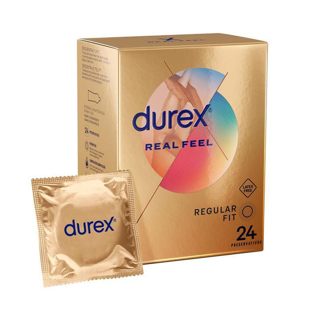 Condoms Real Feel 24ud latex-free polyisoprene pack with 24 units, featuring Easy-On design for comfort and silicone lubrication.