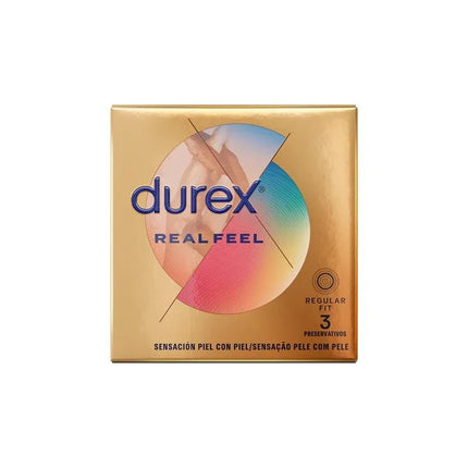 Box of Condoms Real Feel 3ud featuring latex-free polyisoprene material for a natural feel, suitable for latex allergies.