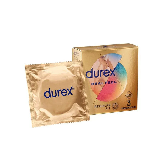 Condoms Real Feel 3ud in gold packaging, latex-free polyisoprene with Easy-On shape for comfort and secure fit.