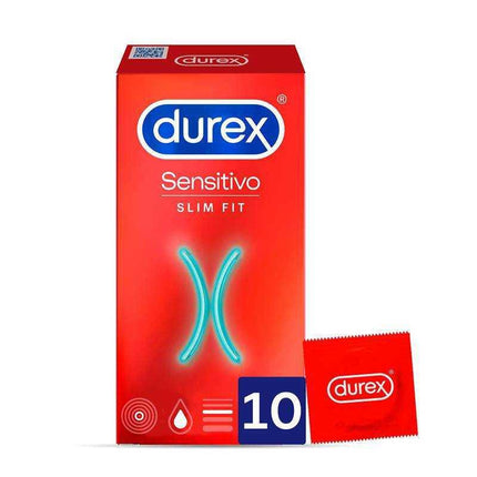 Durex Condoms Sensitivo Slim Fit 10 Units packaging showing the box and one individual condom pack.