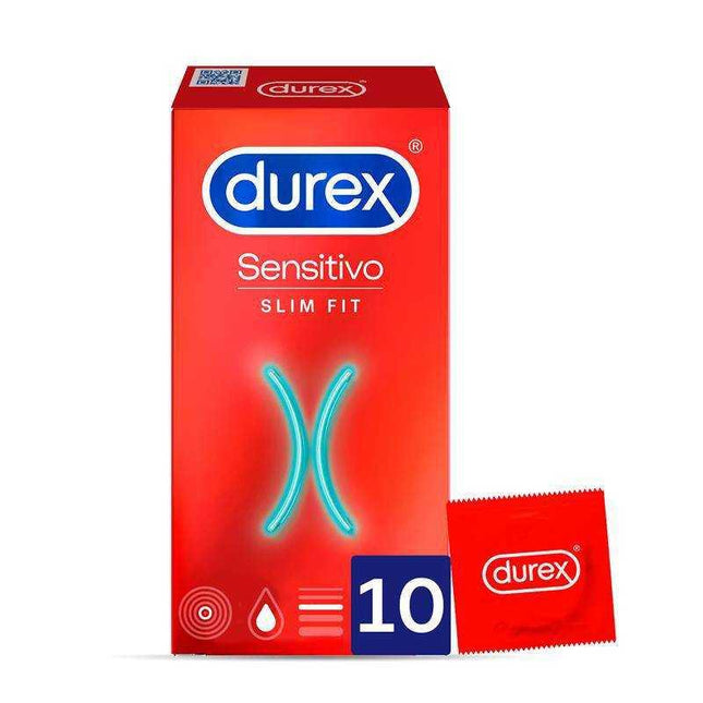 Durex Condoms Sensitivo Slim Fit 10 Units packaging showing the box and one individual condom pack.