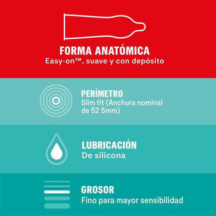 Condoms Sensitivo Slim Fit 10 Units - Anatomically shaped, slim fit, silicone lubrication, thin profile for sensitivity.