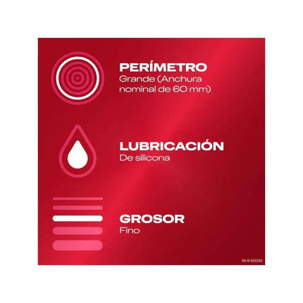 Details of Condoms Sentitivo XL 10 Units: large fit with 60 mm width, thin and silicone-lubricated for enhanced sensitivity.