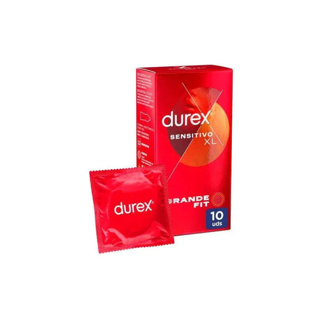 Durex Condoms Sentitivo XL 10 Units packaging with single condom packet, designed for enhanced sensitivity and larger size fit.