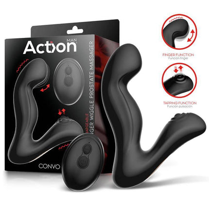 Convo Prostate Massager with Tapping and Finger Wiggle Function and packaging box.