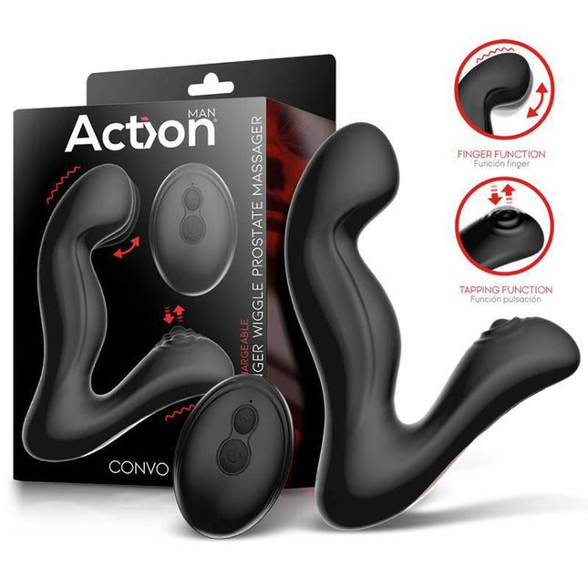 Convo Prostate Massager with Tapping and Finger Wiggle Function and packaging box.
