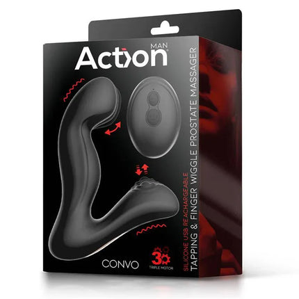 Convo Prostate Massager with Tapping and Finger Wiggle Function in packaging from Action's Action Man line for precision prostate stimulation.