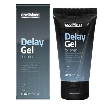 CoolMann Delay Gel 40 ml packaging and tube designed to delay climax and enhance pleasure with refreshing cooling gel formula.