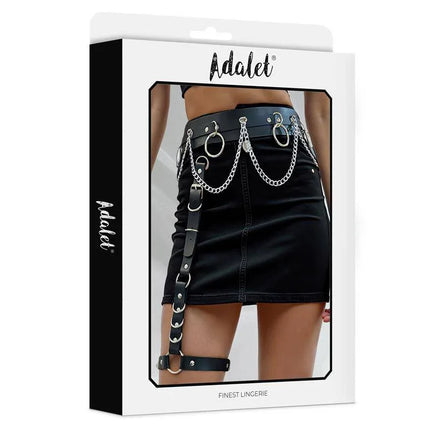 Coral Vegan Leather Garter with Leg Ring and Chain One size by Adalet, shown in black skirt packaging
